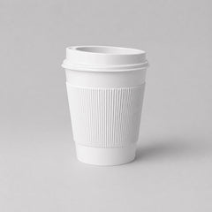 Stockka white paper coffee cup with ribbed kraft sleeve and black plastic lid, 350ml capacity.