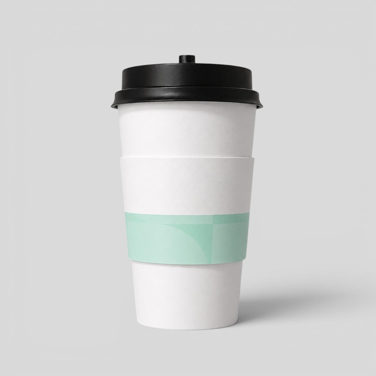 Stockka 473ml double-walled white paper coffee cup with black lid and mint green sleeve