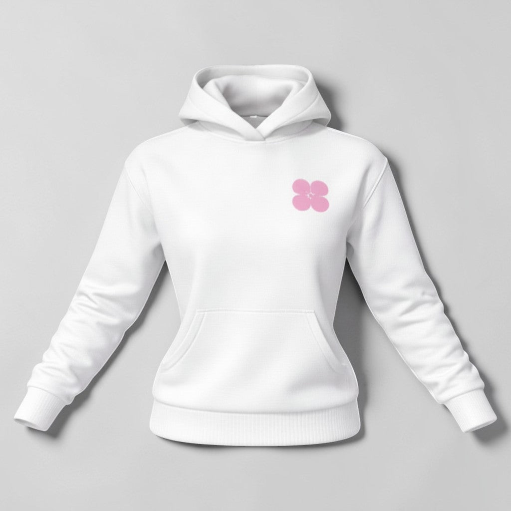 Stockka white cotton blend hoodie with pink trim and a pink flower logo on the chest.
