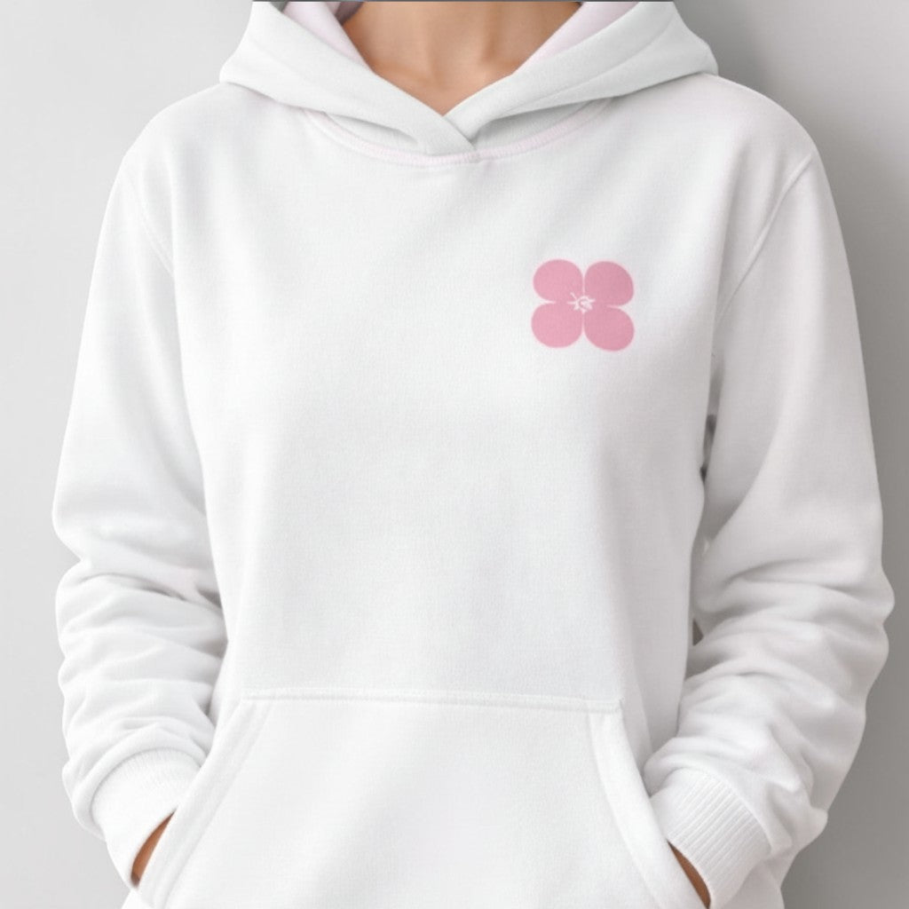 Stockka white cotton blend hoodie with pink trim and flower logo. Soft, lightweight, and comfortable for everyday wear or training.