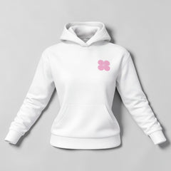 Stockka white cotton blend hoodie with pink trim and a pink flower logo on the chest.