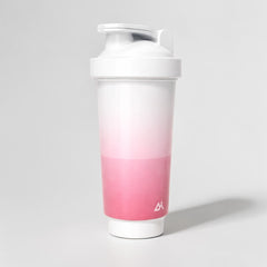 Stockka white and pink ombre BPA-free plastic shaker bottle with patent lid. Ideal for protein shakes.