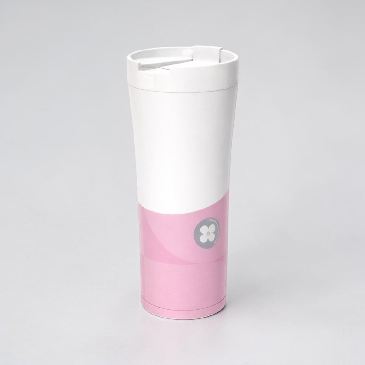 Stockka white and pink stainless steel thermal tumbler with a secure lid and double wall construction.