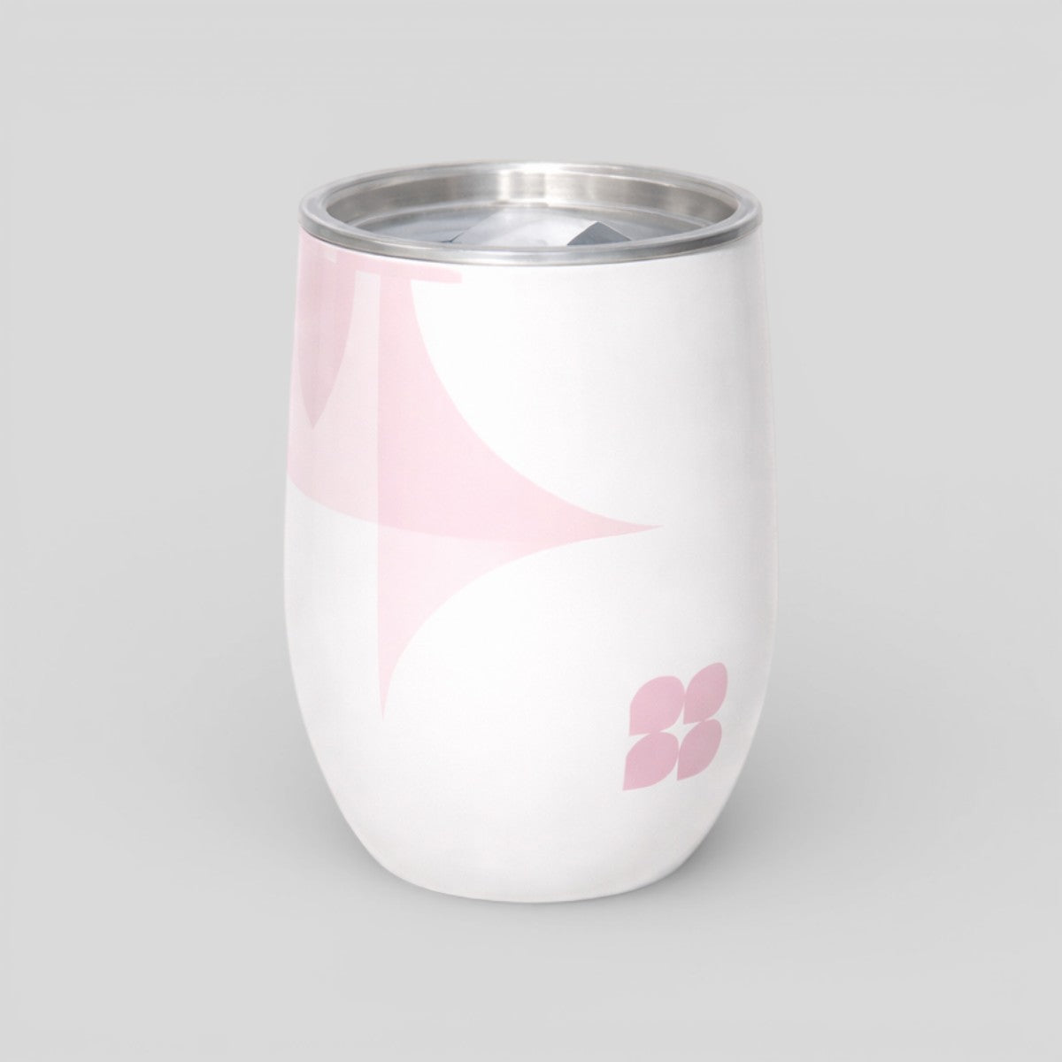 Stockka white insulated wine tumbler with pink abstract design and lid, double-walled stainless steel for temperature control.