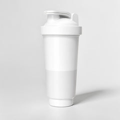 Stockka white BPA-free plastic shaker bottle with patented lid, ideal for protein shakes and cold drinks.