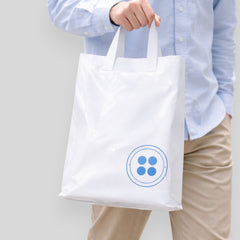 Stockka white plastic shopping bag with soft loop handles and blue button logo, 30x40cm
