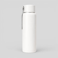 Stockka white BPA-free plastic water bottle with screw-top lid and metal hanging handle, ideal for travel and sports.