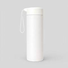 Stockka white BPA-free plastic water bottle with light blue carrying strap and screw-on lid.