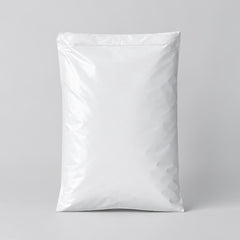 Stockka white vertical poly mailer bag with self-adhesive strip, made of durable LDPE plastic for shipping online orders.
