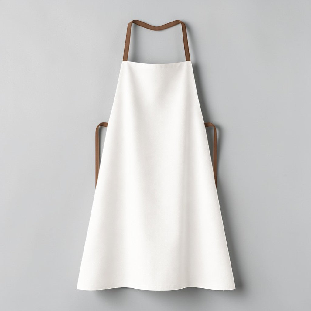 Stockka white full-length wide-cut apron made of polyester-cotton blend with brown straps. Ideal for kitchens, restaurants, and workshops.