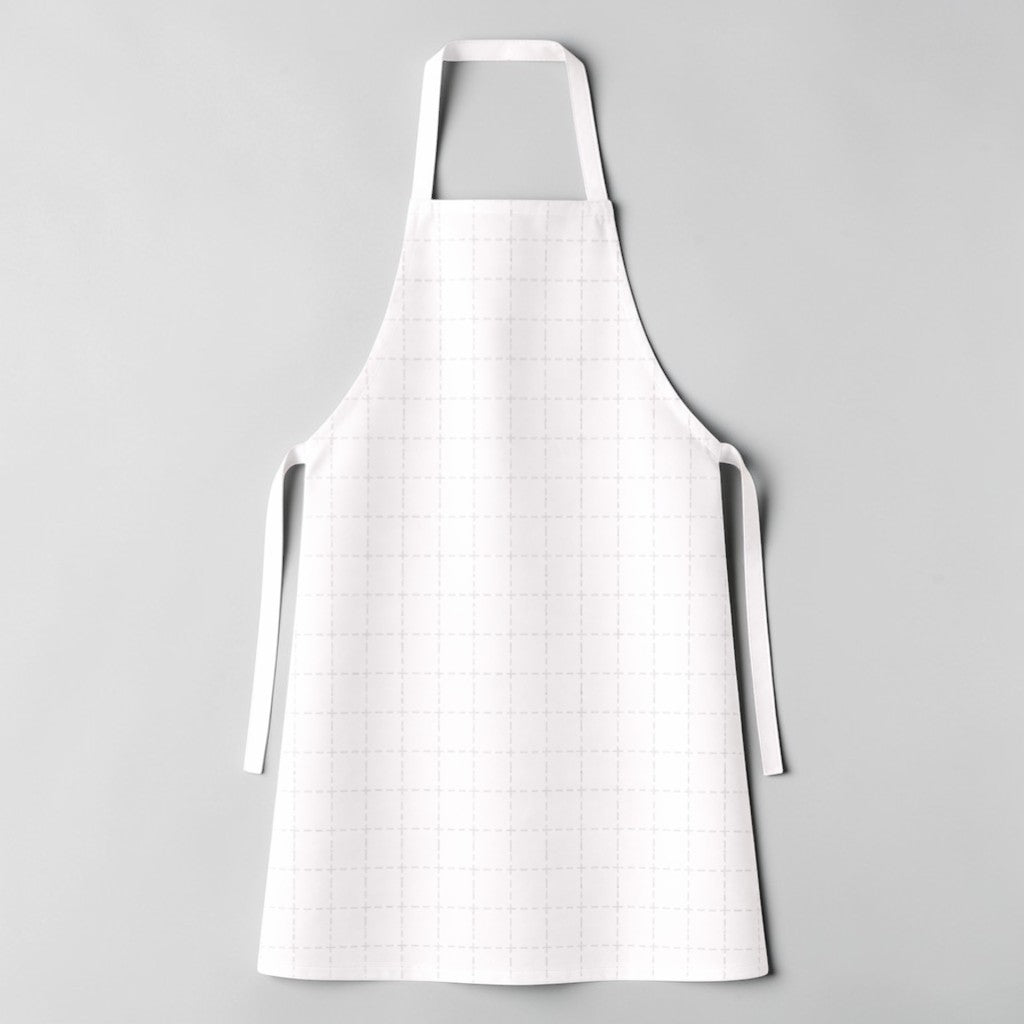 Stockka minimalist full-length white polyester-cotton blend apron with adjustable waist ties and a fixed neck strap.
