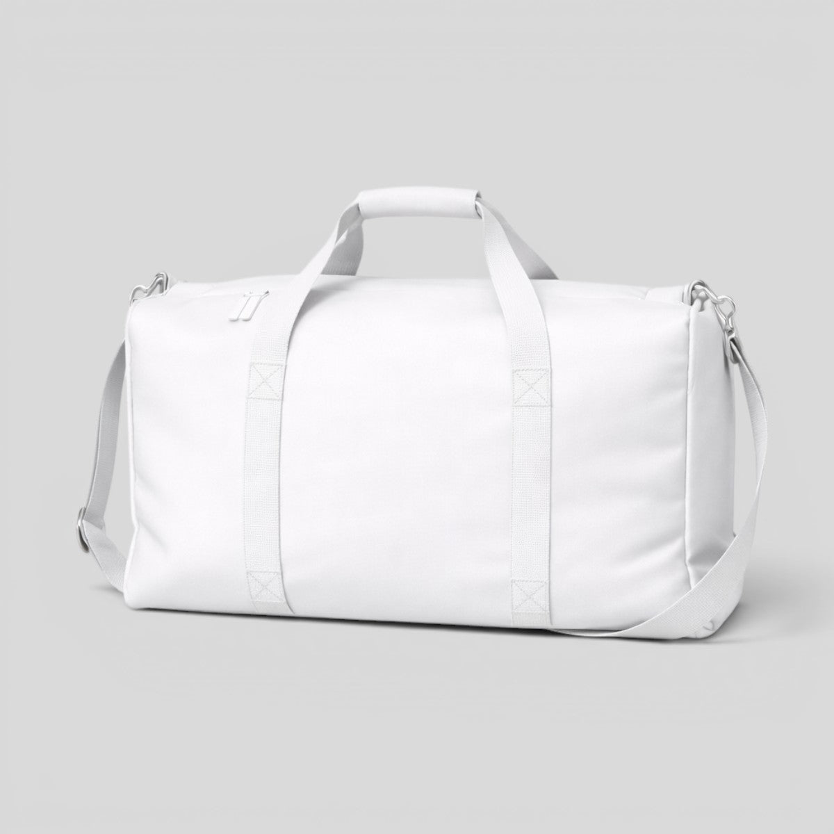 Stockka white polyester duffel bag with top handles and adjustable shoulder strap, perfect for travel and sports.