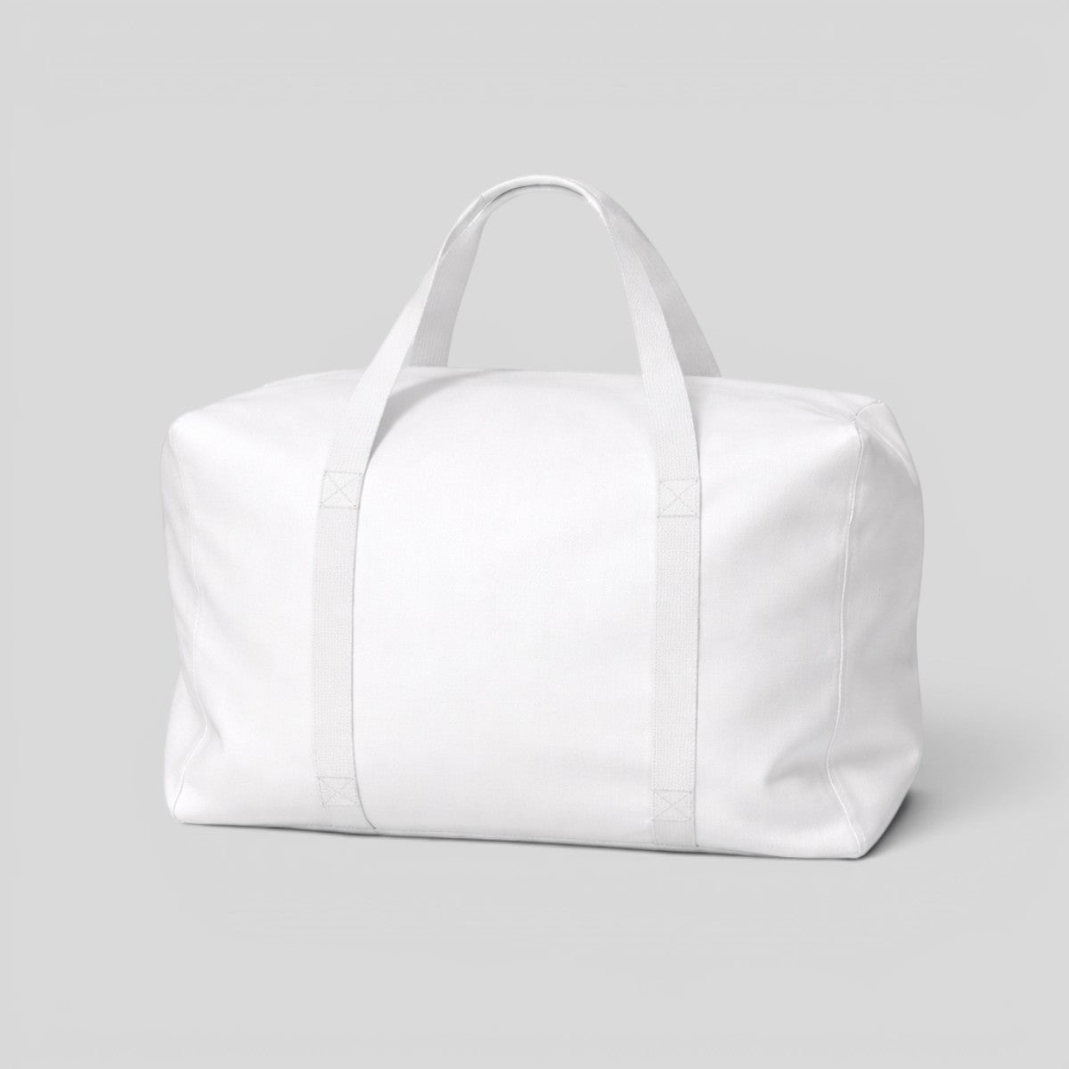 Stockka white polyester duffel bag with dual handles, perfect for travel and sports.
