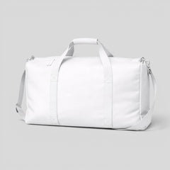 Stockka white polyester duffel bag with top handles and adjustable shoulder strap, perfect for travel and sports.