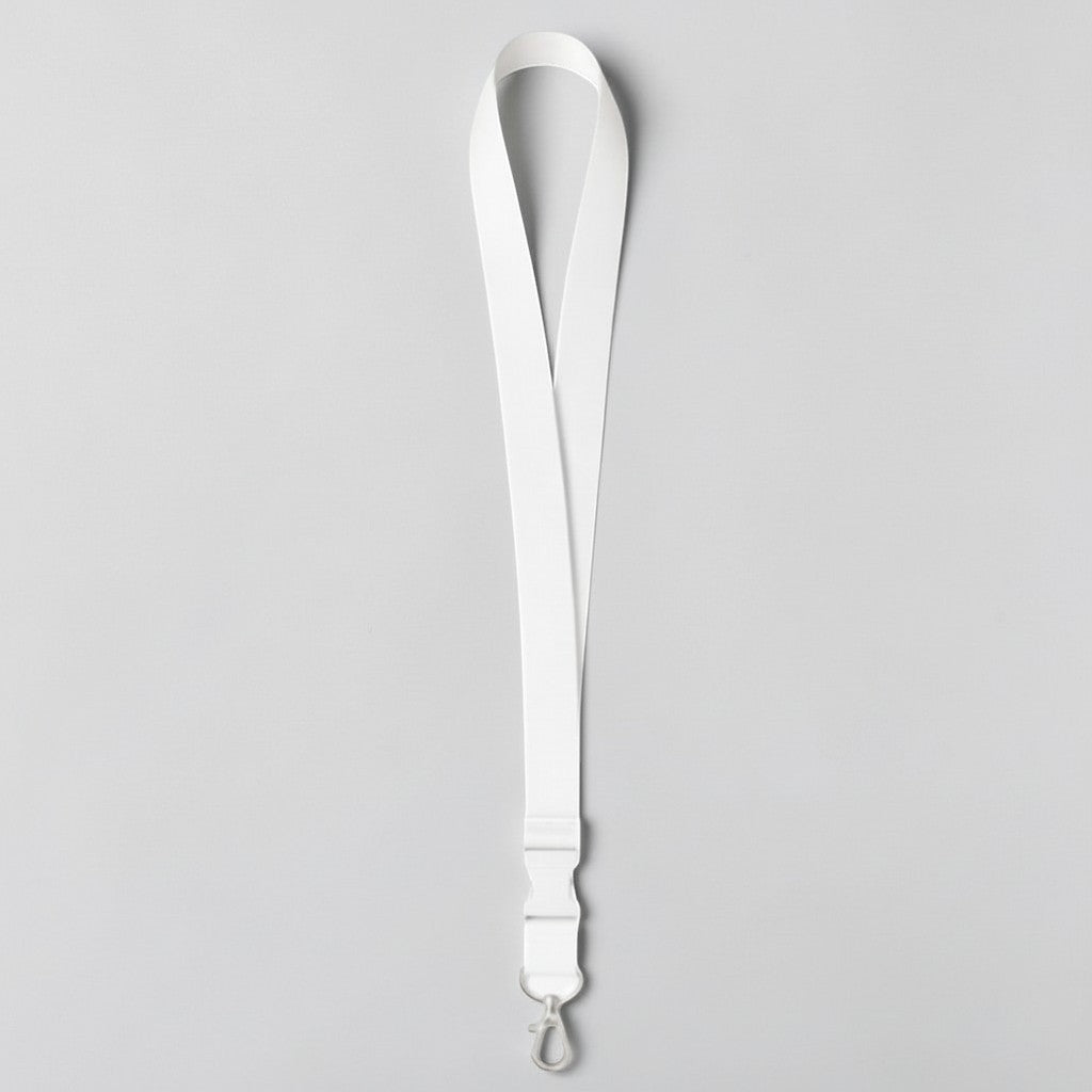 Stockka white polyester flat ID lanyard with plastic breakaway buckle and metal clip. Features subtle blue stripes.