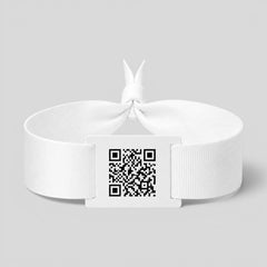 Stockka white polyester fabric wristband with PVC card featuring NFC chip and QR code for digital access and smart identification.