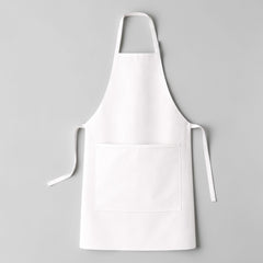 Stockka white full-length professional apron with large pocket and adjustable neck strap, made of poly-cotton blend.