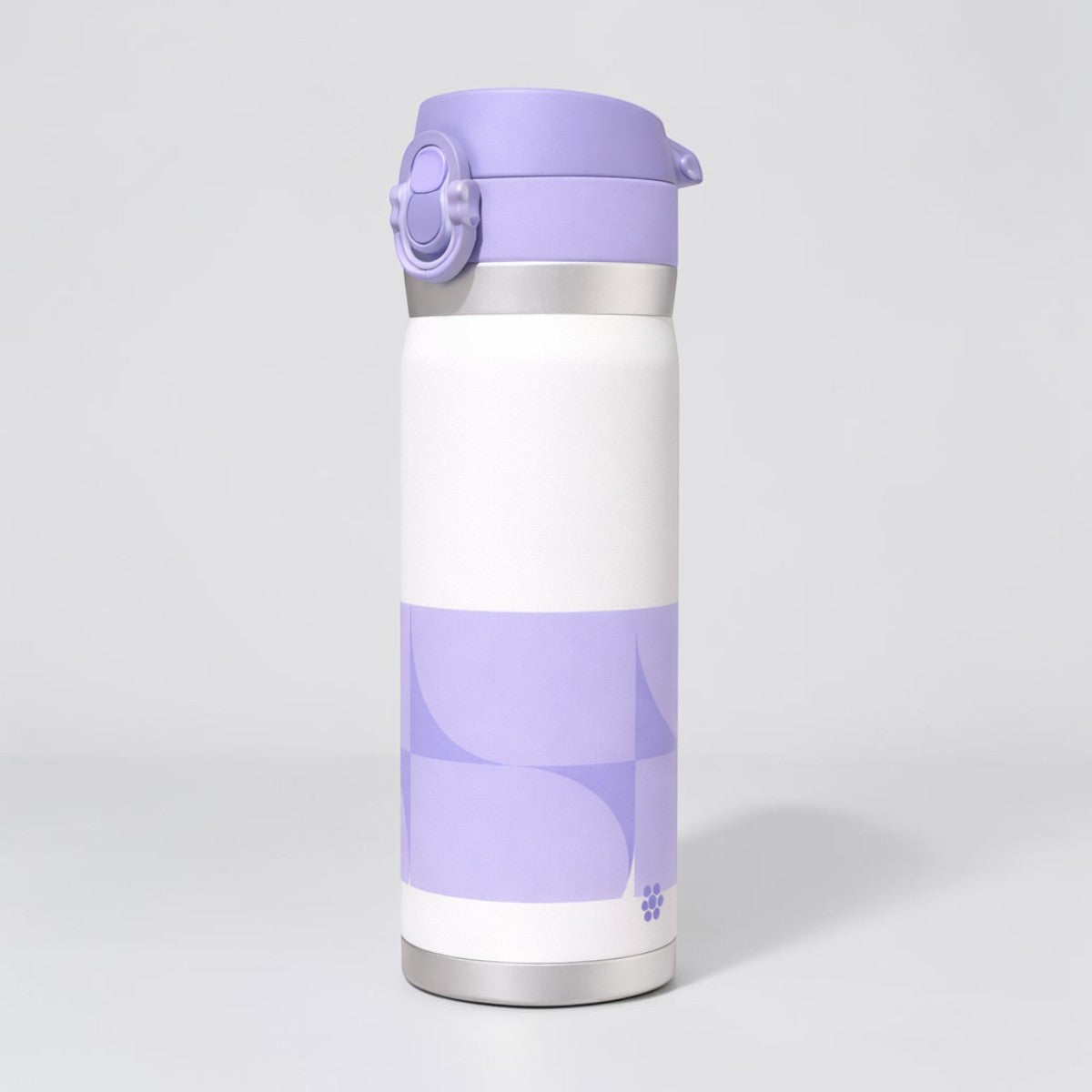 Stockka white and purple stainless steel thermal bottle with spring-loaded lid and safety lock. Ideal for travel and sports.