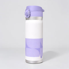 Stockka white and purple stainless steel thermal bottle with spring-loaded lid and safety lock. Ideal for travel and sports.