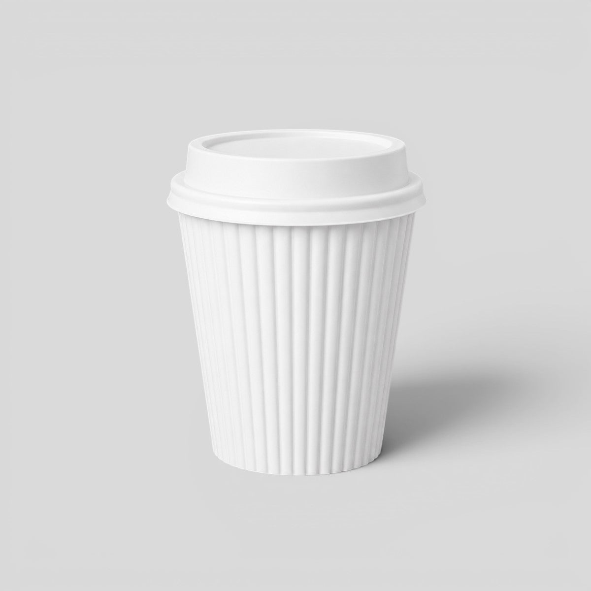 Stockka white ribbed paper coffee cup with black lid, 330ml, ideal for hot drinks like espresso, tea, or cappuccino.