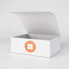 Stockka luxury white rigid cardboard gift box with attached lid and orange logo, ideal for premium products.