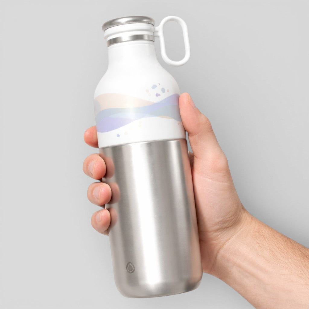 Stockka white and silver metal water bottle with side handle and abstract pastel wave design. Ideal for sports or daily use.