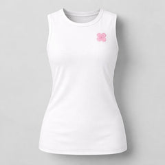 Stockka white sleeveless athletic tank top with pink embroidered flower detail. Made from breathable polyester blend.