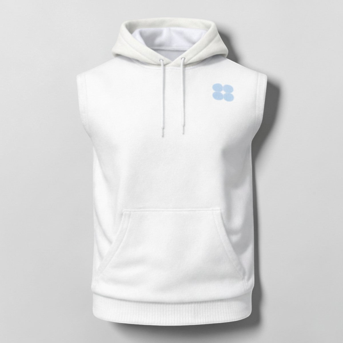 Stockka sleeveless white cotton hoodie with light blue drawstring and hood detail. Features a front pocket and a small blue logo.