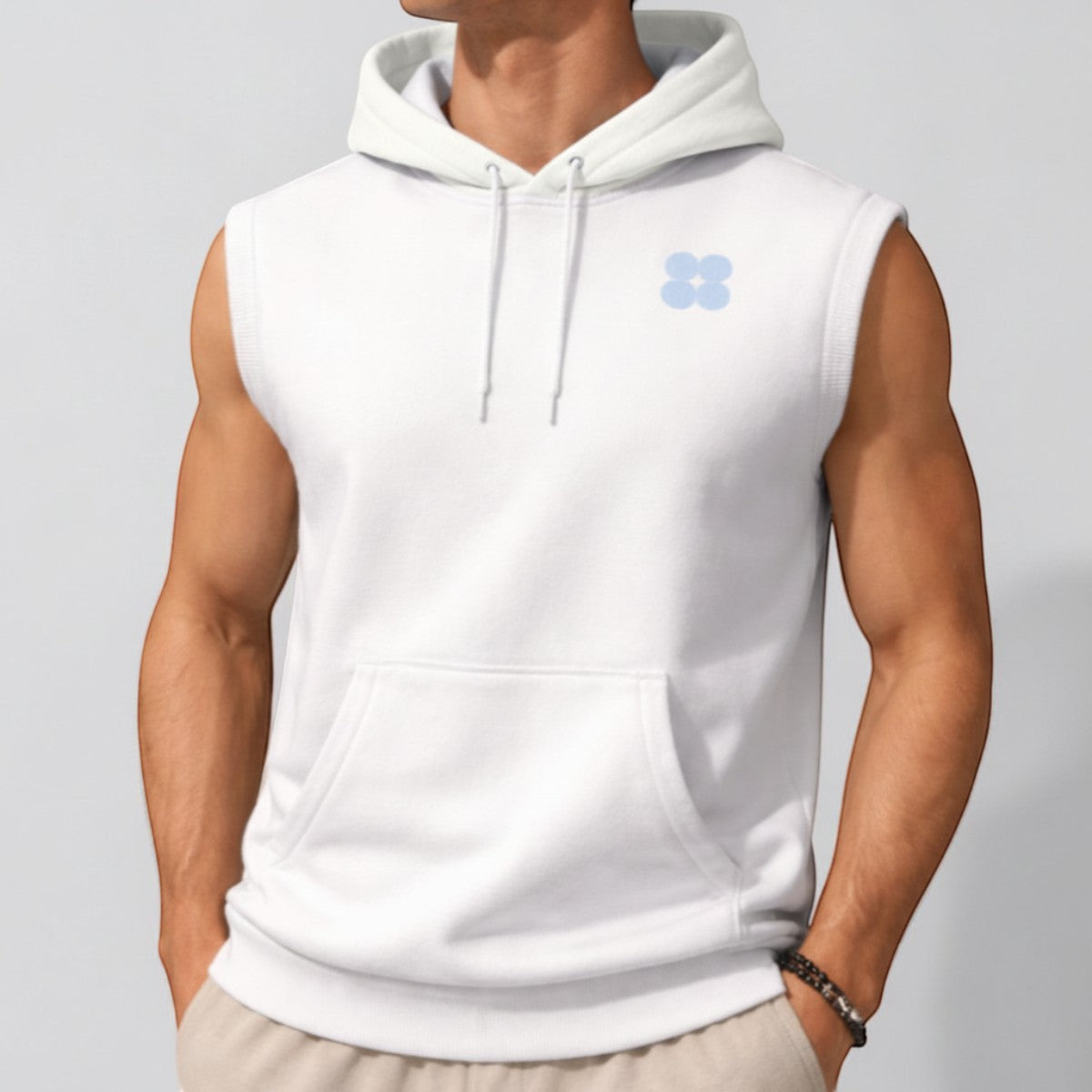 Stockka white sleeveless cotton hoodie with light blue hood and drawstring, featuring a small blue logo.