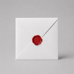 Stockka white square envelope with classic four-wing closure, sealed with a red wax stamp. Made from quality white wood-free paper.