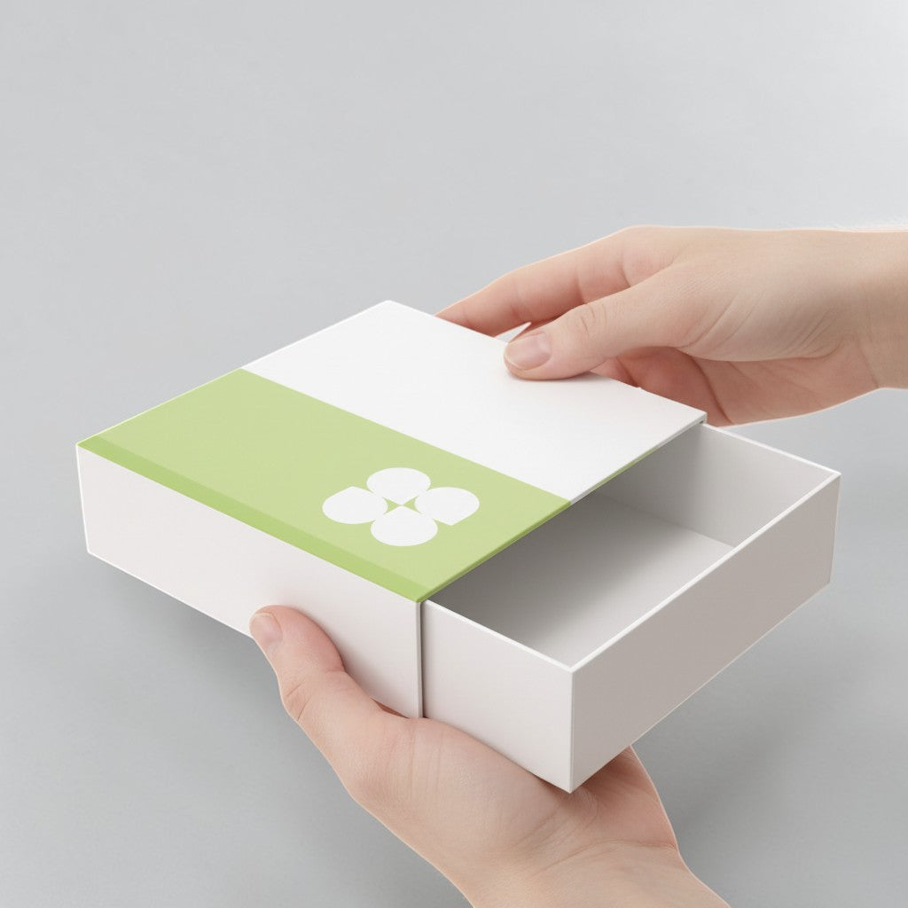 Stockka white rigid square gift box with green accent and four white circles, drawer style opening.