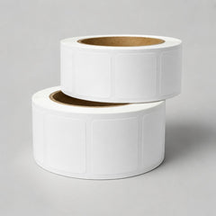 Stockka white square labels with rounded corners on a roll, ideal for product labeling, packaging, and shipping.