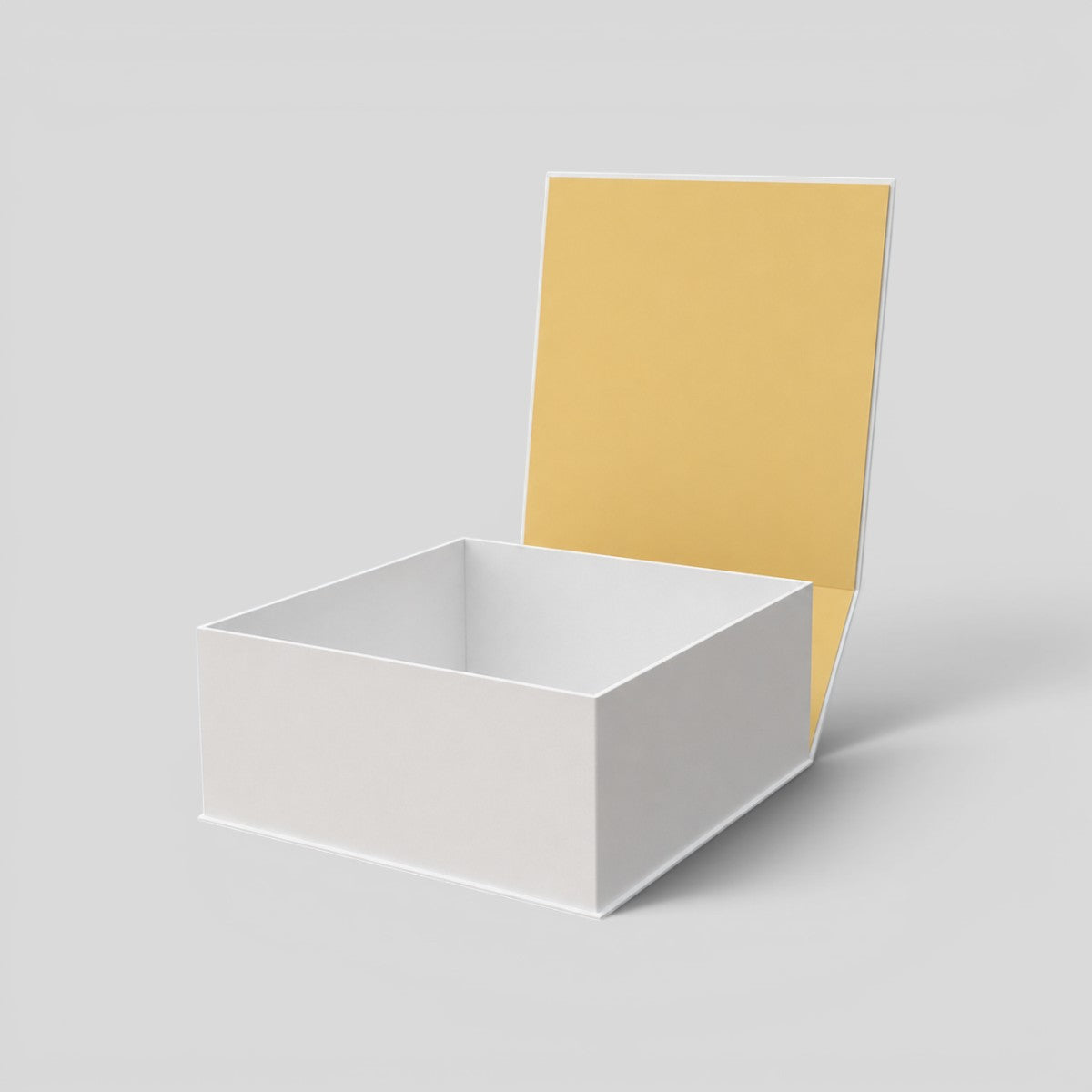 Stockka white square magnetic gift box with yellow interior, rigid cardboard construction, ideal for luxury packaging and gifts.