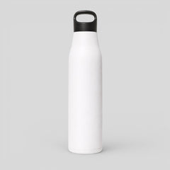 Stockka white stainless steel sport bottle with black top handle and narrow spout, ideal for exercise and travel.