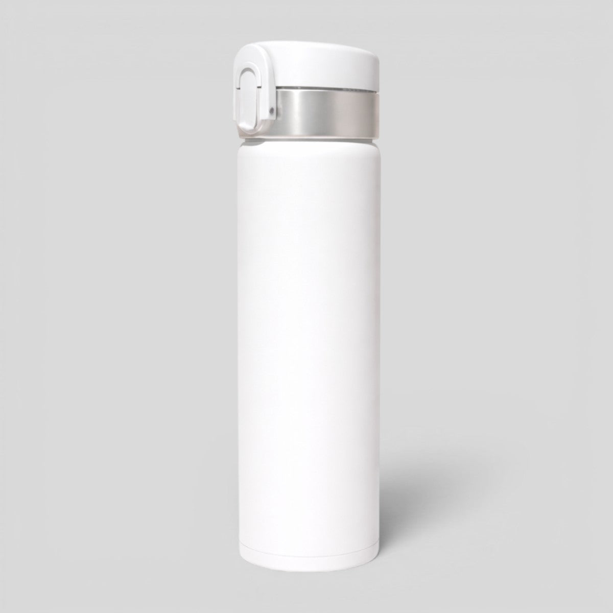Stockka white stainless steel thermal bottle with flip-top lid and silver accent, perfect for travel and daily use.