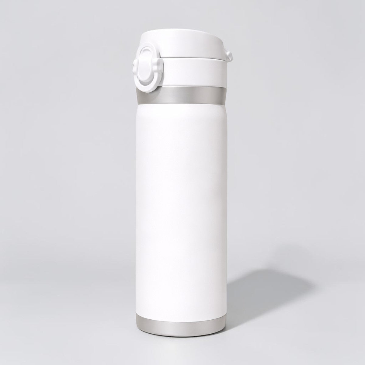 Stockka white stainless steel thermal bottle with spring-loaded lid and safety lock. Double-walled insulation for drinks.