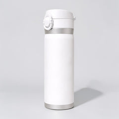 Stockka white stainless steel thermal bottle with spring-loaded lid and safety lock. Double-walled insulation for drinks.