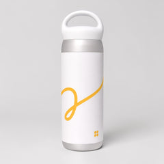 Stockka white stainless steel thermal water bottle with yellow swirl design and top handle. Double-walled for insulation.