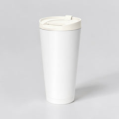 Stockka white stainless steel travel mug with light blue lid, double-walled for insulation.