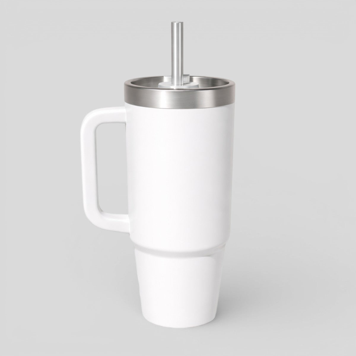 Stockka white stainless steel thermal tumbler with handle and metal straw. Tall, narrow design keeps drinks hot or cold.