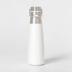 Stockka white brushed stainless steel water bottle with silver metal cap, slim design for everyday use.