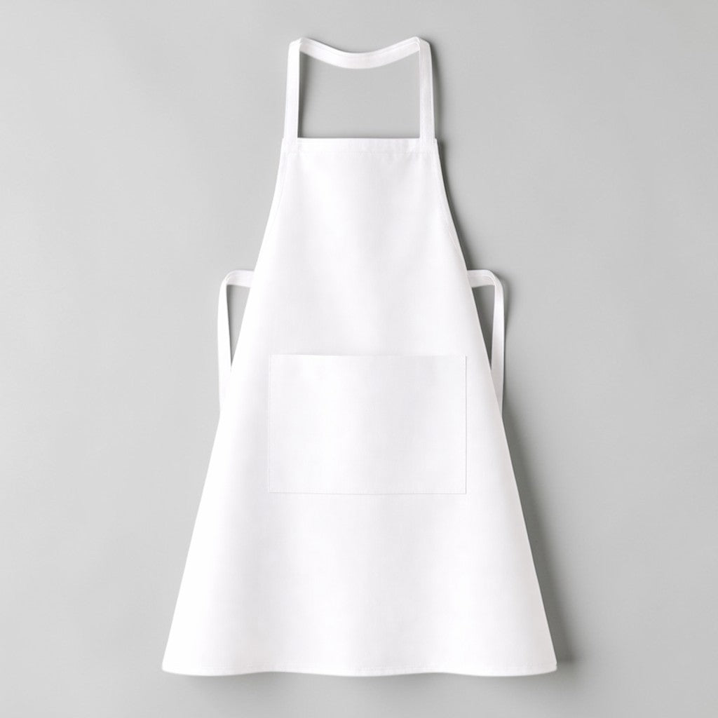 Stockka white polyester-cotton blend standard apron with front pocket and adjustable straps. Ideal for kitchen, restaurant, cafe use.