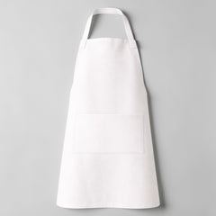 Stockka white full-length apron with vertical stripes, adjustable neck strap, and large front pocket. Cotton-polyester blend.