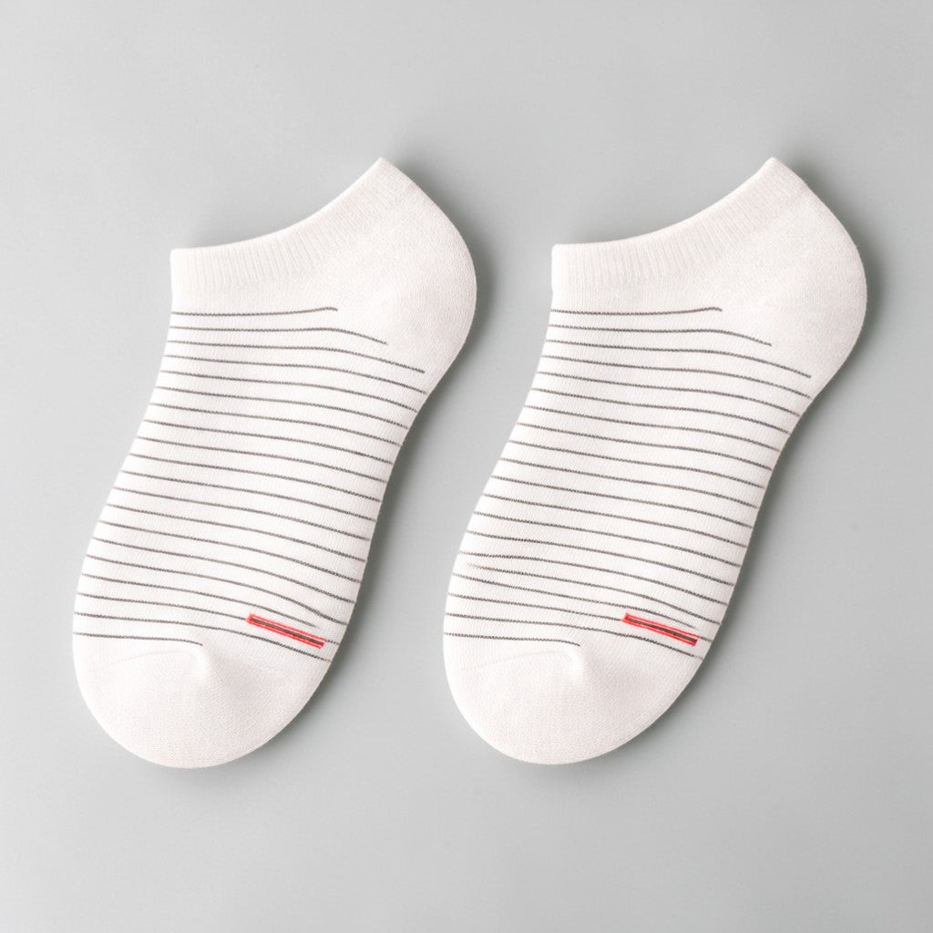 Stockka white cotton blend ankle socks with thin grey stripes and a red accent detail.