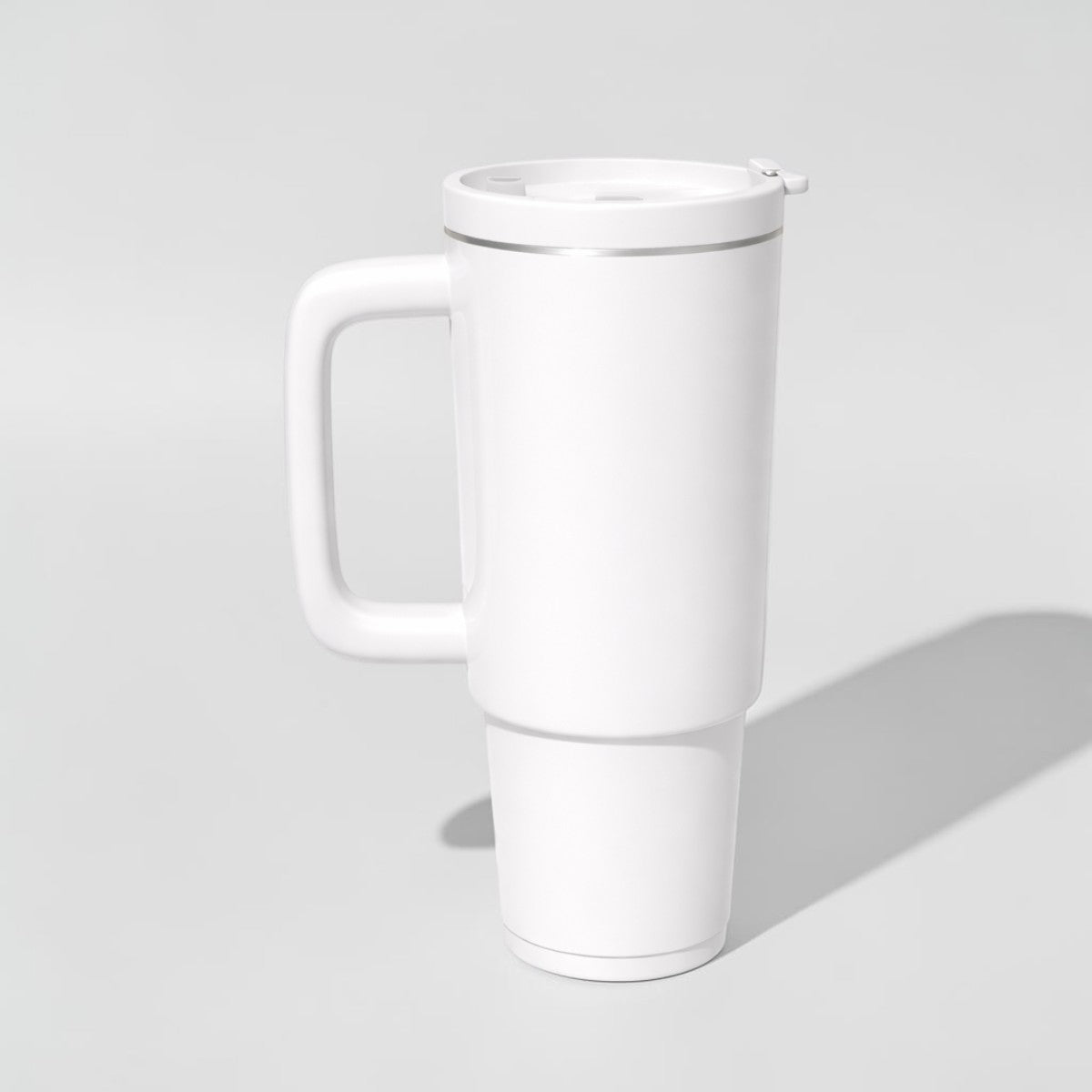 Stockka white stainless steel double-walled travel mug with handle and lid. Ideal for office, car, or home.
