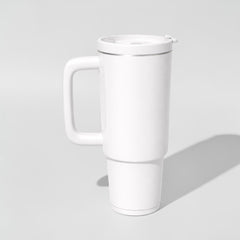 Stockka white stainless steel double-walled travel mug with handle and lid. Ideal for office, car, or home.