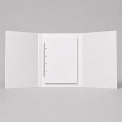 Stockka white rigid tri-fold study binder with ring mechanism and document storage, made of corrugated cardboard.