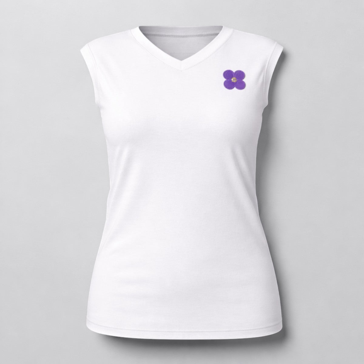 Stockka white V-neck sleeveless athletic tank top with purple flower detail, made of polyester blend.