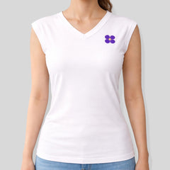 Stockka white V-neck athletic tank top, polyester blend, with a small purple flower logo on the chest.