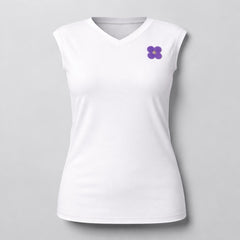 Stockka white V-neck sleeveless athletic tank top with purple flower detail, made of polyester blend.